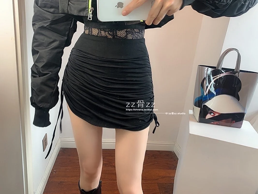 ABEBEY New  Pleated Fold Drawstring Shows Thin Irregular Solid Color Lace Bandage Casual Double Layer High Waist Skirt F9