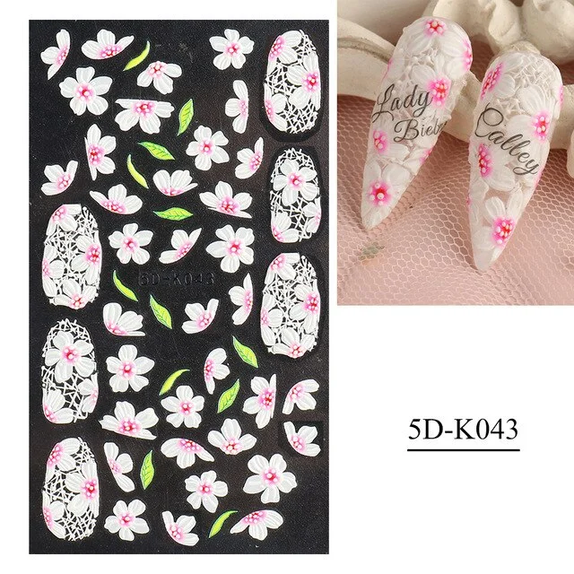 Nail Stickers Embossed 5D Flowers Leafs Designs Back Glue Nail Decals Decoration Tips For Beauty Salons-Nail Inspo
