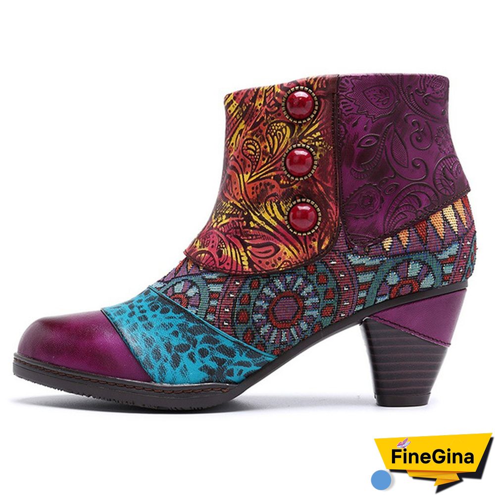 Ladies Fashion Round Toe Patent Leather High Thick Heel Stitching Casual Side Zipper