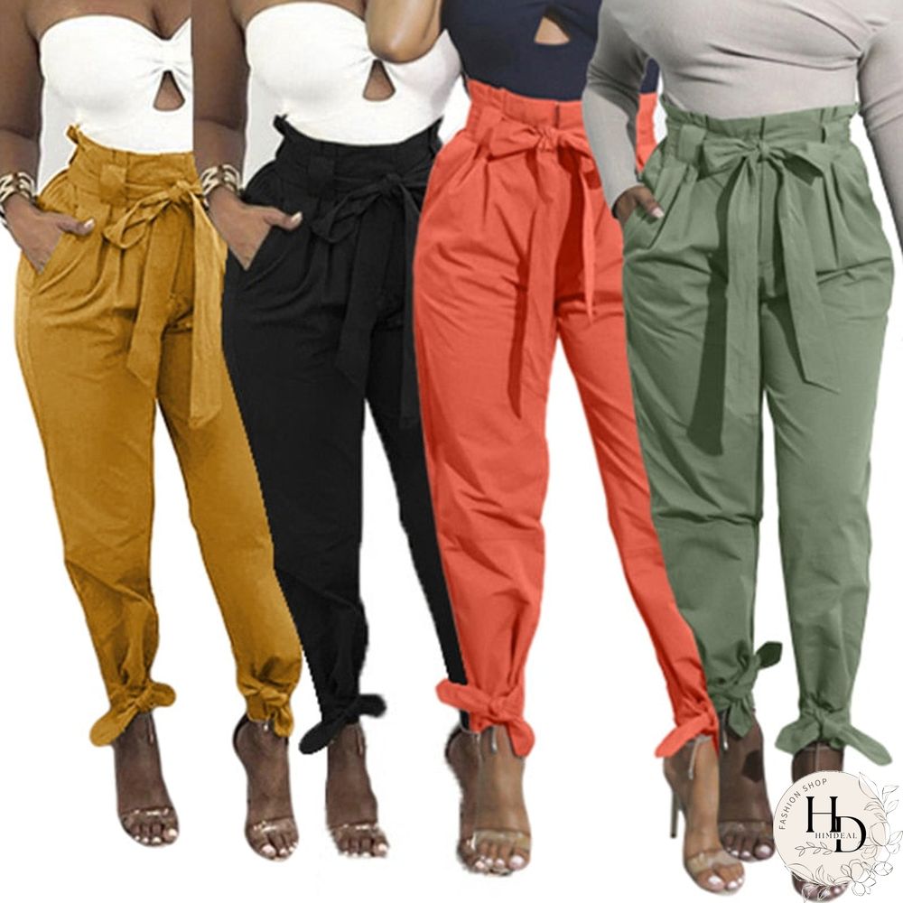 Loose Bow Tie Ruffles Women Pants Casual Solid High Waisted Belt Pocket Spring Women