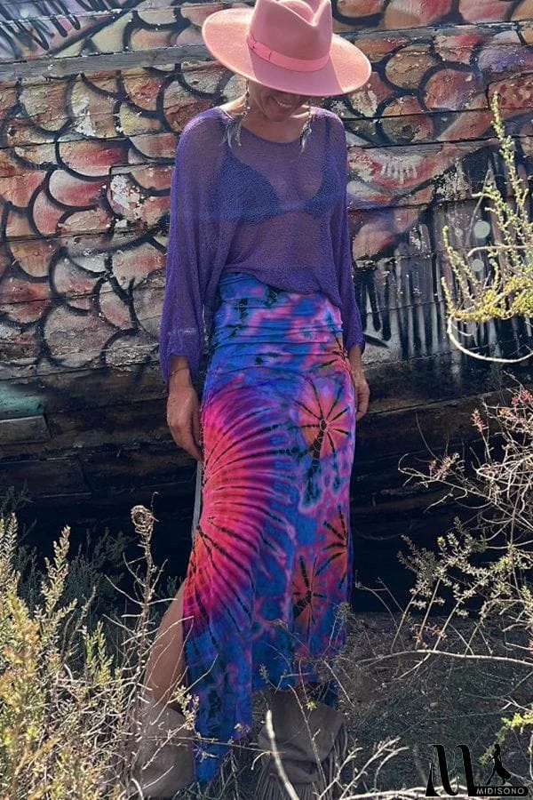 MidiSono - Preston Tie-dye Print Ruched Waist Stretch Slit Maxi Skirt