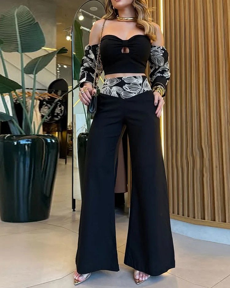 Off-shoulder printed two-piece suit