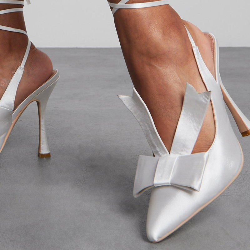 GOOSHOE Silver Stiletto Bow Heels Pointed Toe Wrap Shoes Pumps