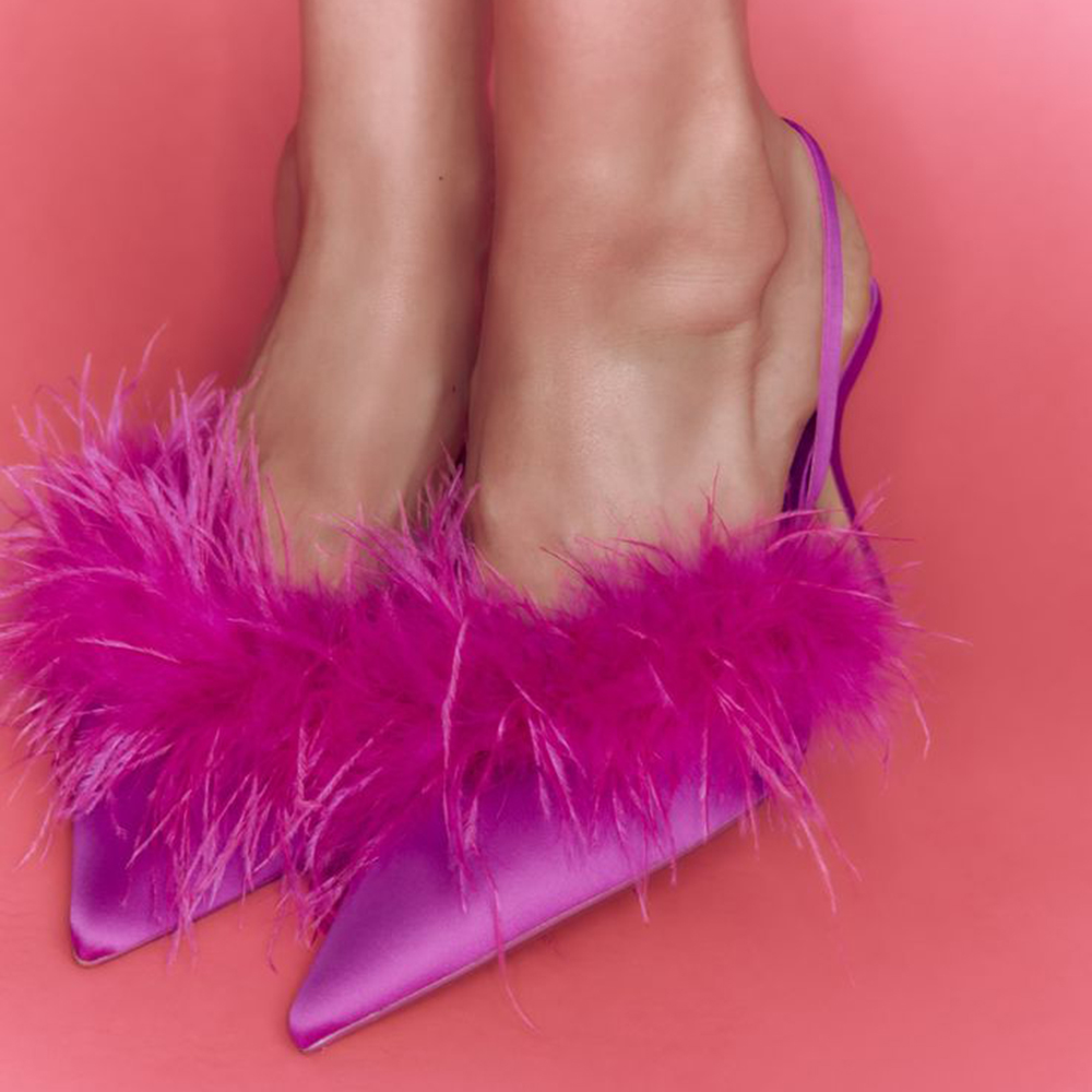 Fuchsia Furry Pointed Toe Stiletto Heel Slingback Pumps Nicepairs