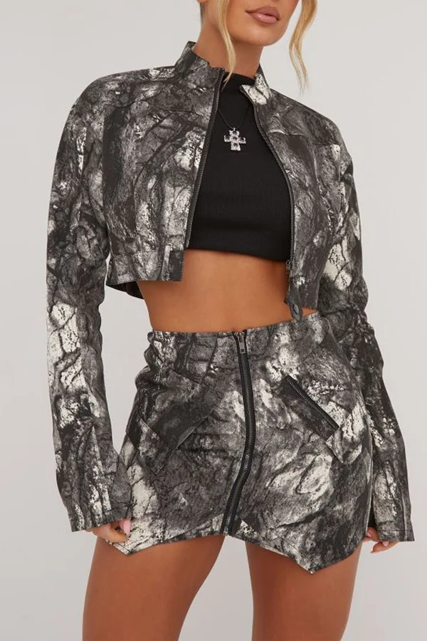 Abstract Print Retro Zipper Irregular Skirt Suit