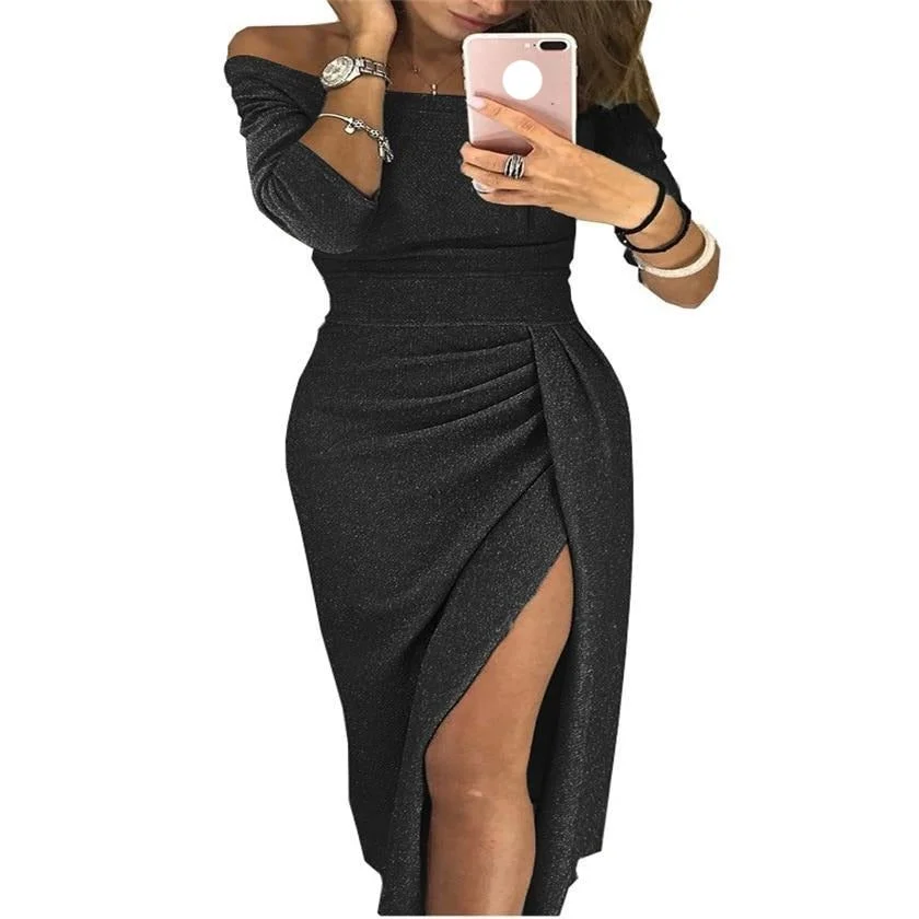 Elegant Long Sleeve Legging Split Midi Dress