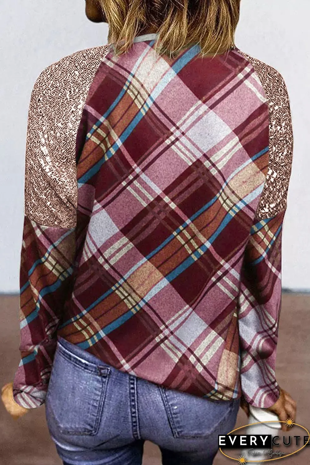 Sequin Shoulder Splicing Plaid Long Sleeve Top