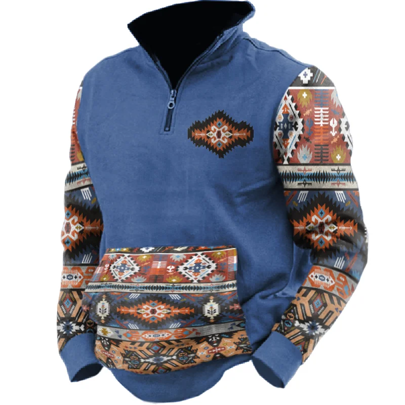 Men's Casual Ethnic Print Zip-Up Collar Pocket Sweatshirt
