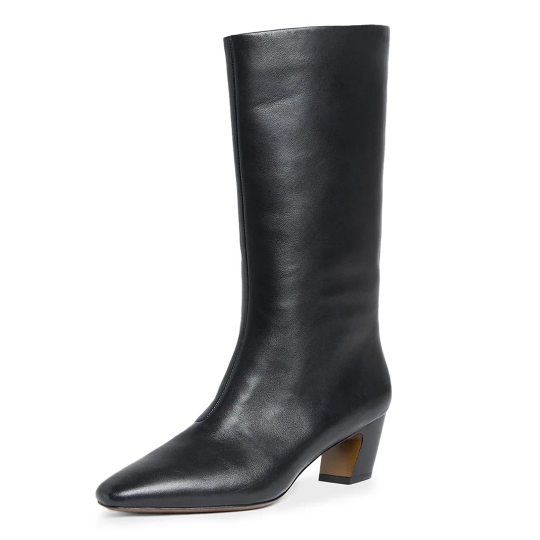 Classic Black Vegan Leather Pull-On Mid-Calf Boots with Chunky Heel