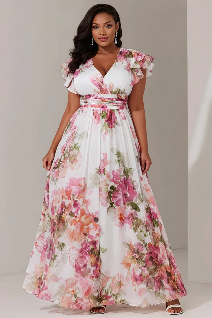 Xpluswear Design Plus Size Vacation Pink Floral V Neck Flutter Sleeve Short Sleeve Ruffle Chiffon Maxi Dresses 2024 - Xpluswear
