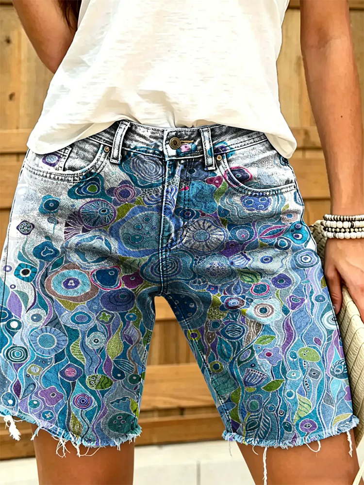 Women's Asymmetrical Artistic Print Denim Shorts