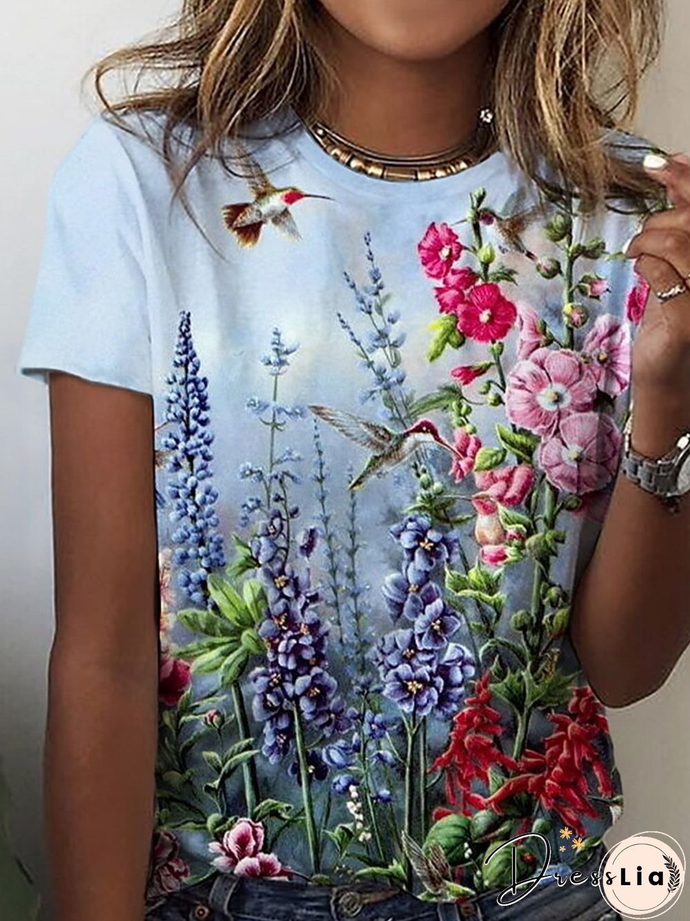 Floral Bird Round Neck Casual Short Sleeve Loosen T-Shirt