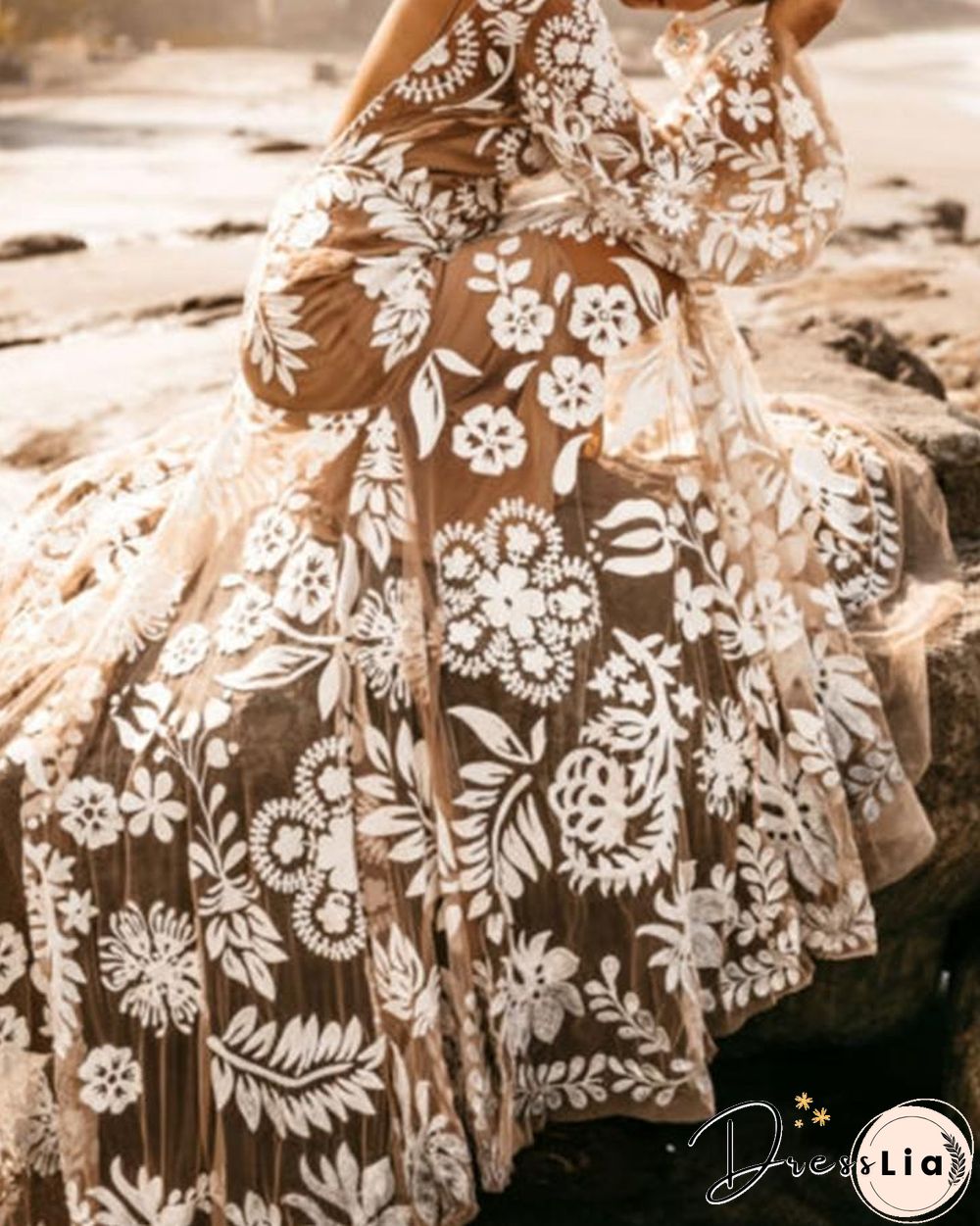 Lace Floral Embroidery Backless Loose Puff Sleeve Maxi Dress P12971