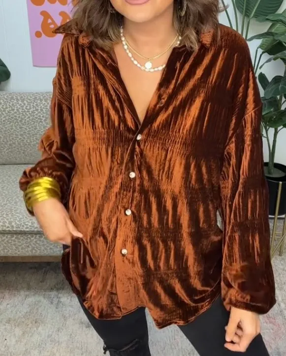 Elegant Velvet Button Down Shirt Tops