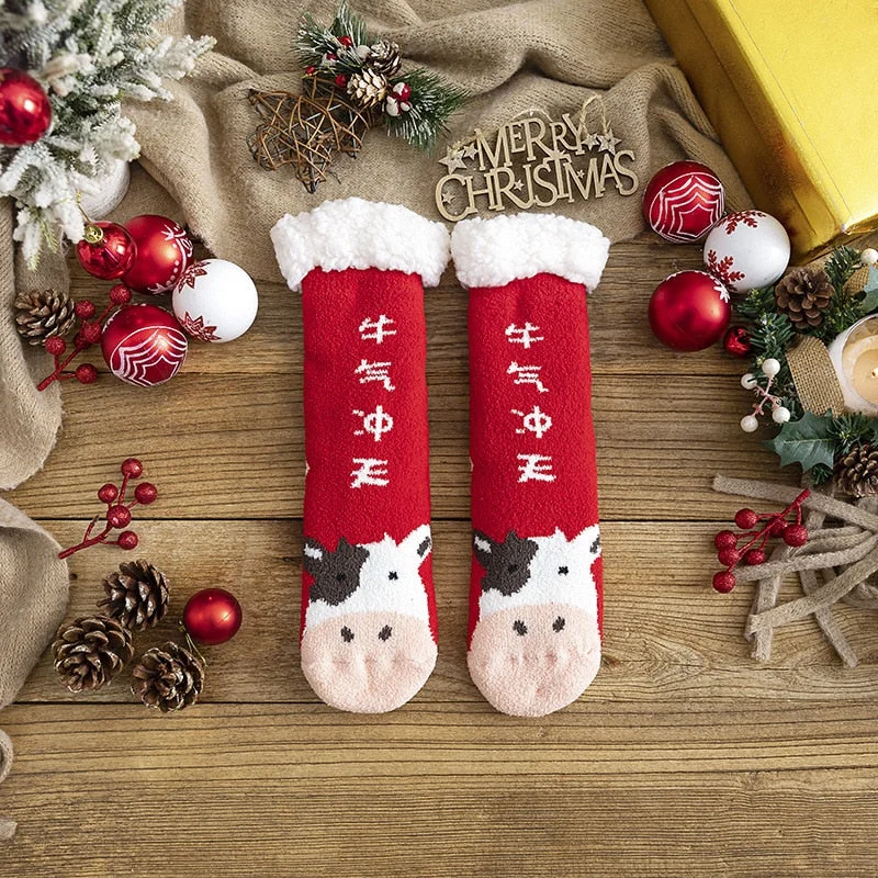 Christmas Gift Floor Socks Women Winter Warm Socks Santa Thick Plush Anti-slip Silicone Female Sleeping Home Sox Harajuku Style