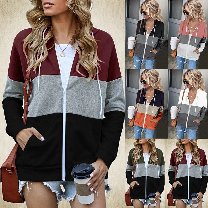 Uveng Sleeve Color Hooded Sweatshirt Women's Cotton Blend Zipper Pocket Cardigan Jacket