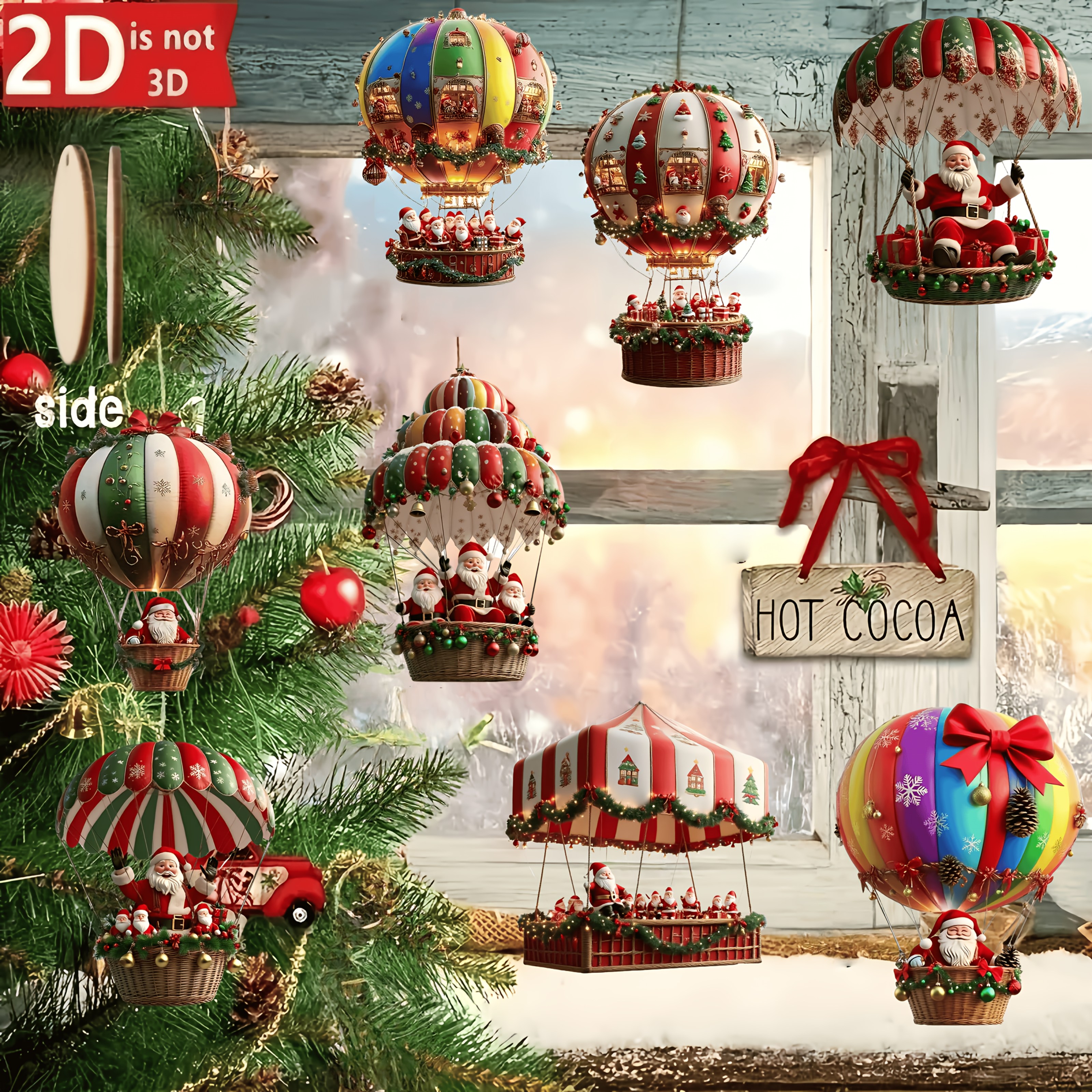 Tegooe 10-Piece Christmas Wooden Ornament Set Flat 2D Printed Santa Theme Pendants