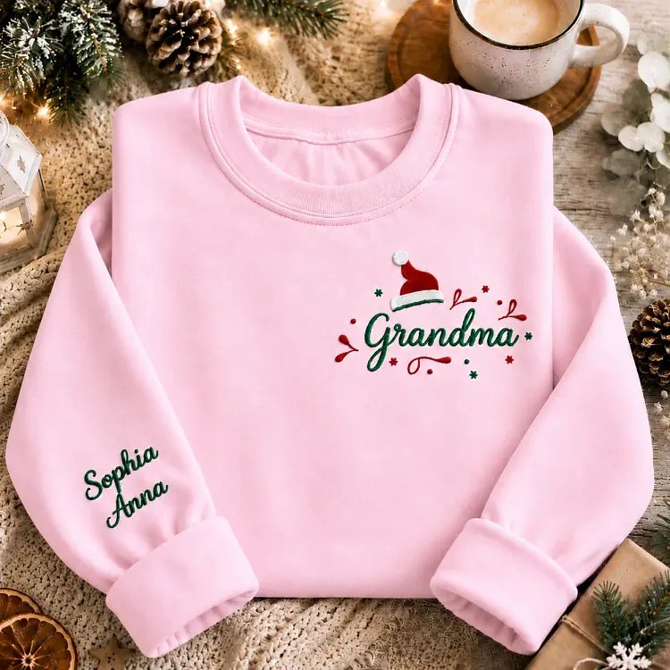 Personalized Grandma Christmas Sweatshirt, Custom Embroidered Grandma Shirt with Santa Hat Design, Holiday Gift for Grandma, Nana, Gigi