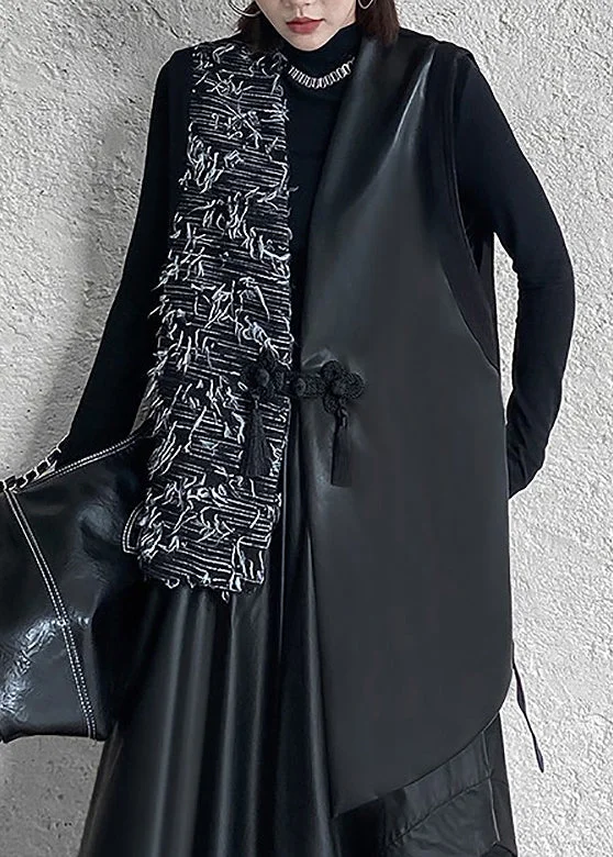 Casual Black Round-Neck Asymmetric Buttoned Quilted Sleeveless Padded Vest TW014