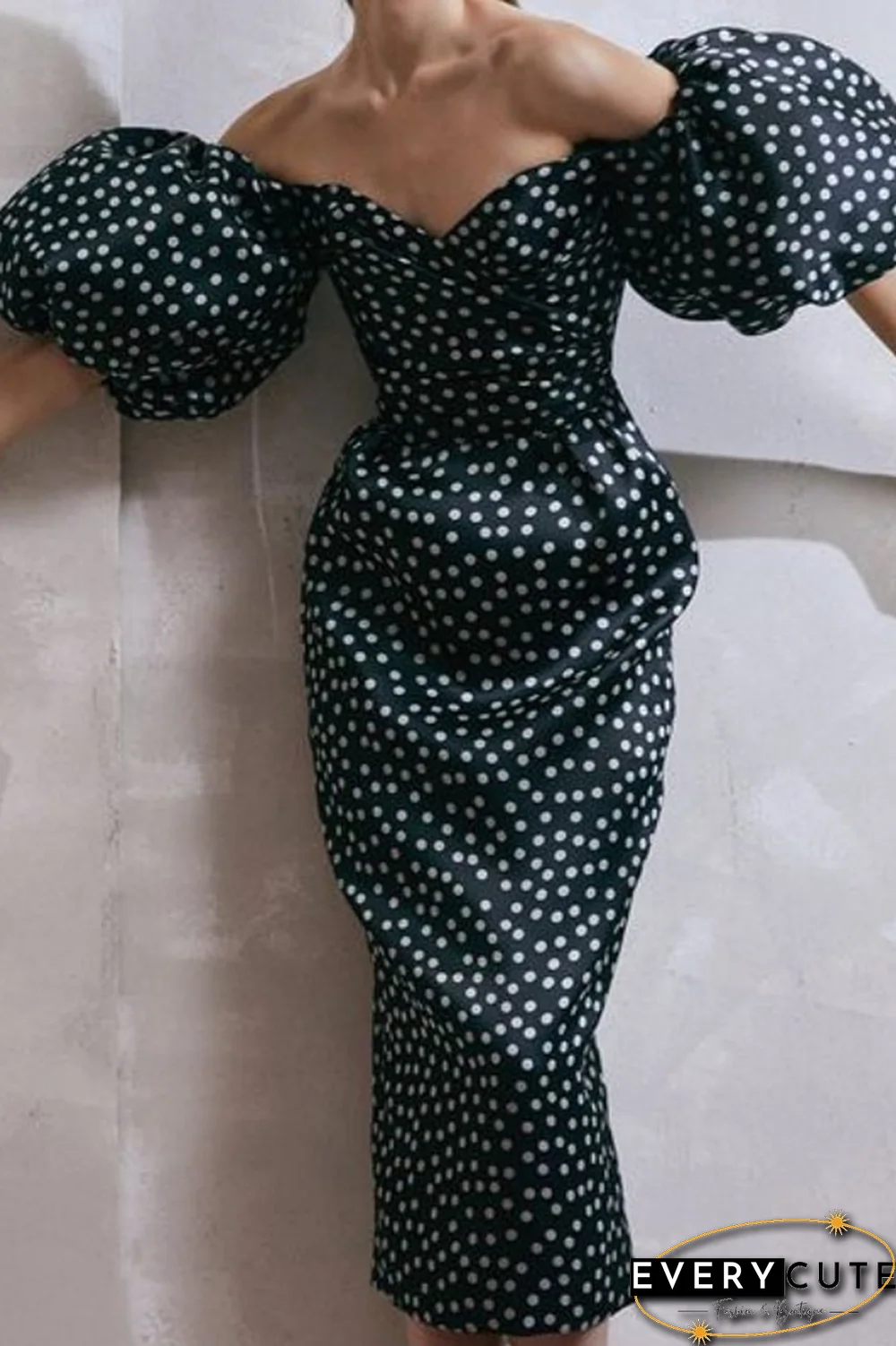 Fashion Elegant Polka Dot Slit Fold Strapless Pencil Skirt Dresses