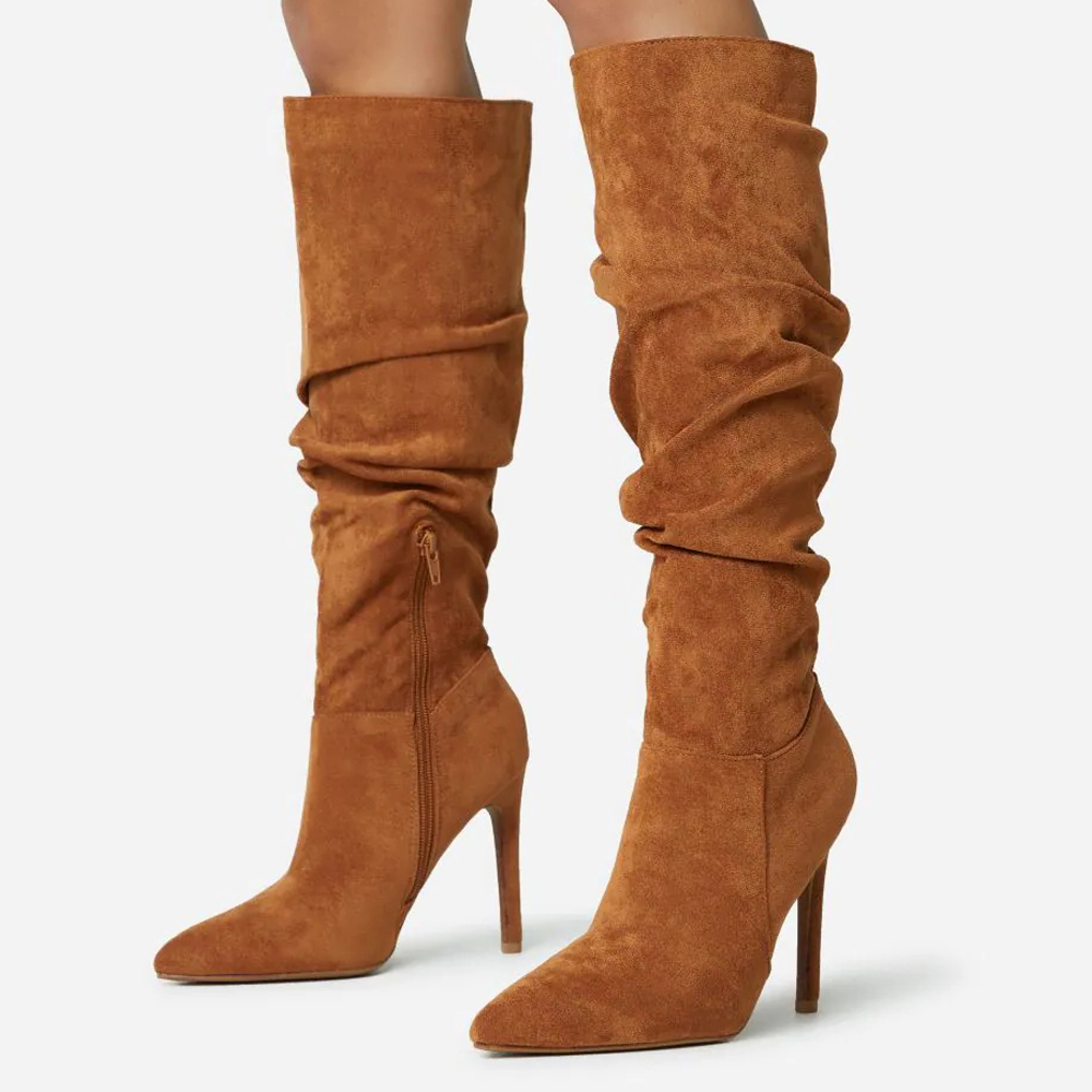 Brown Vegan Suede Pleated Stiletto Heel Tall Boots for Women Nicepairs