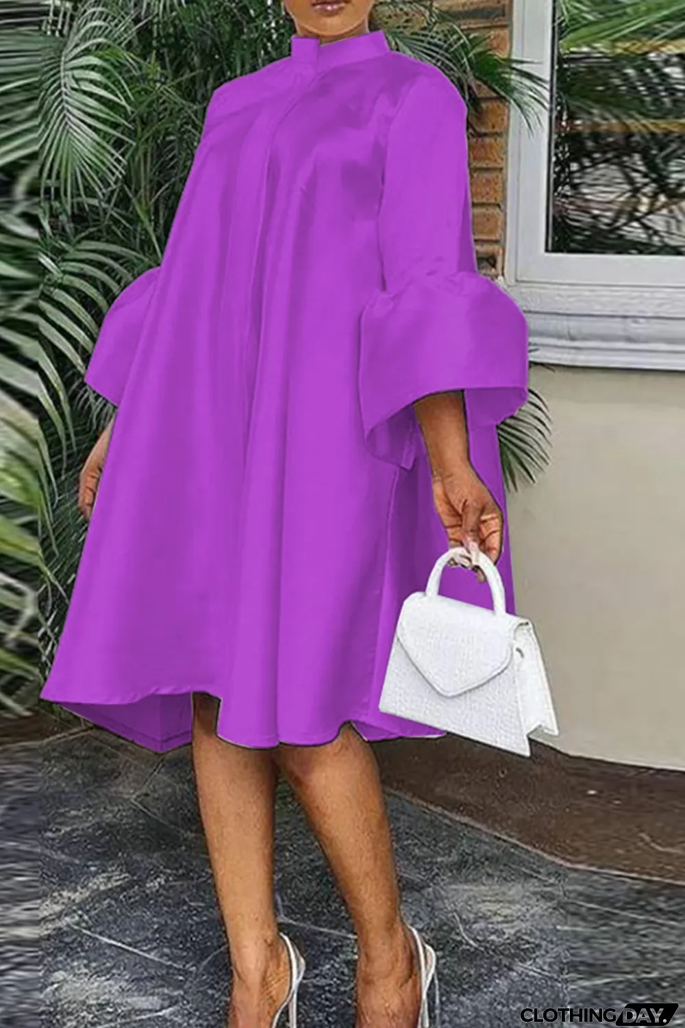 White Casual Solid Flounce O Neck Cake Skirt Dresses