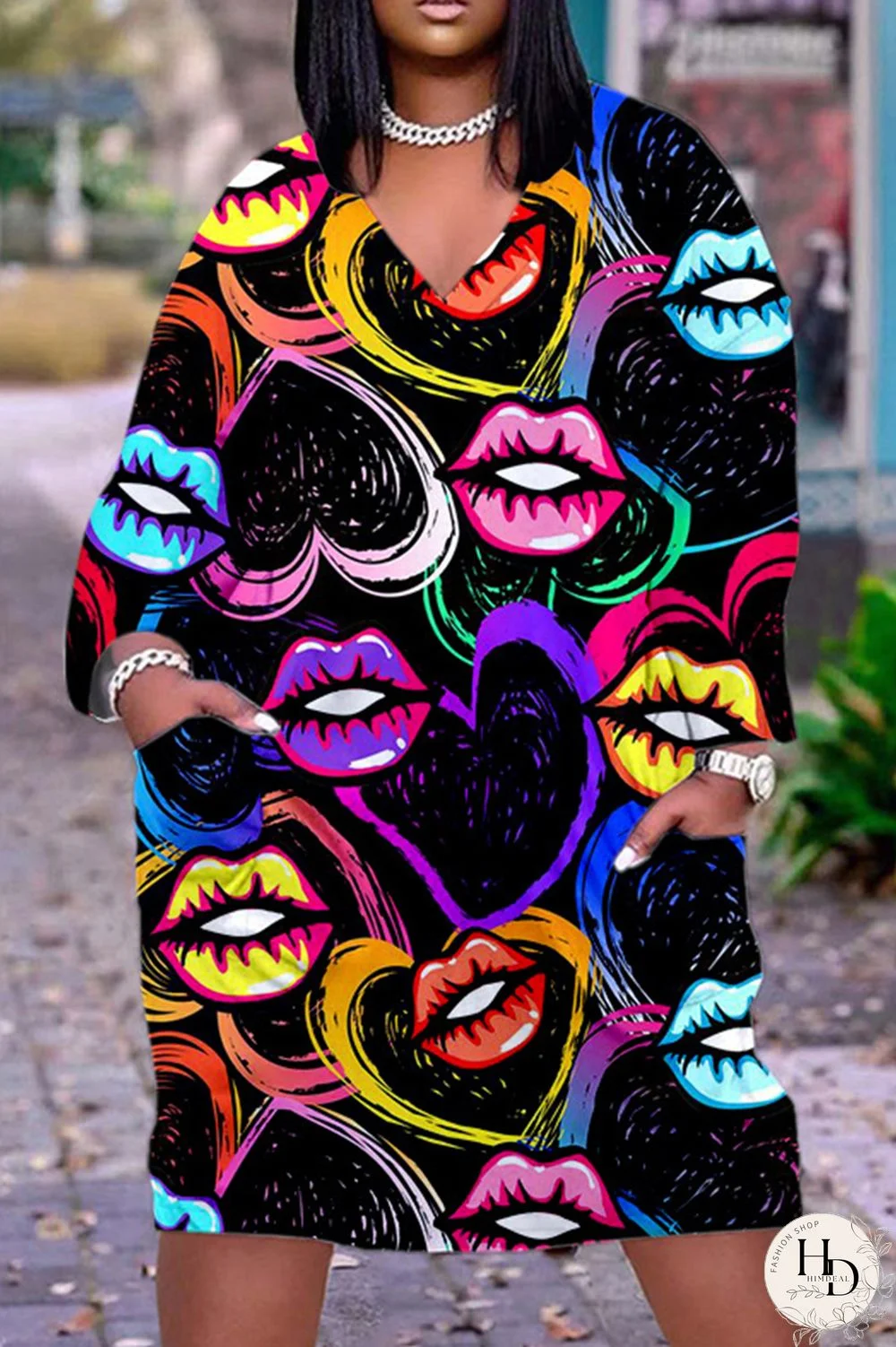 Deep Pink Casual Print Basic V Neck Long Sleeve Dresses