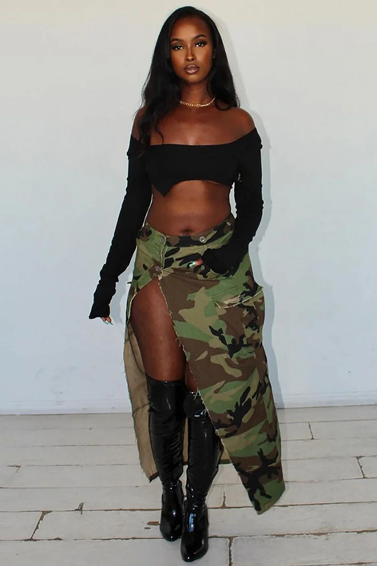 Camo Print High Slit Cargo Pocket Midi Skirt