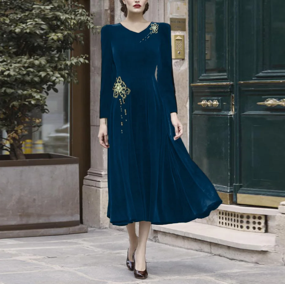 Elegant velvet embroidered waist dress