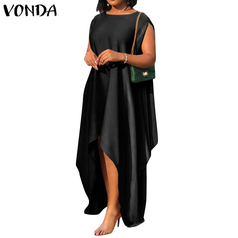 Summer Satin Dress 2022 VONDA Women Bohemian Casual O Neck Sexy Sleeveless Solid Silk Maxi Long Dresses Elegant Party Sundress