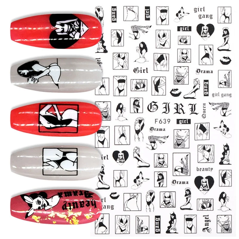 1PC Sexy Lady Pattern 3D Nail Stickers Character Image Decals Slider Valentine Black White DIY Nail Art Decorarion