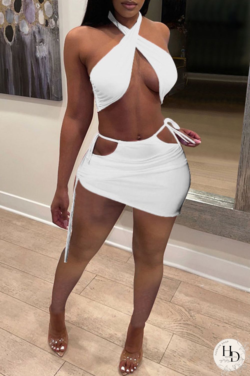 White Sexy Solid Bandage Draw String Backless Halter Sleeveless Two Pieces