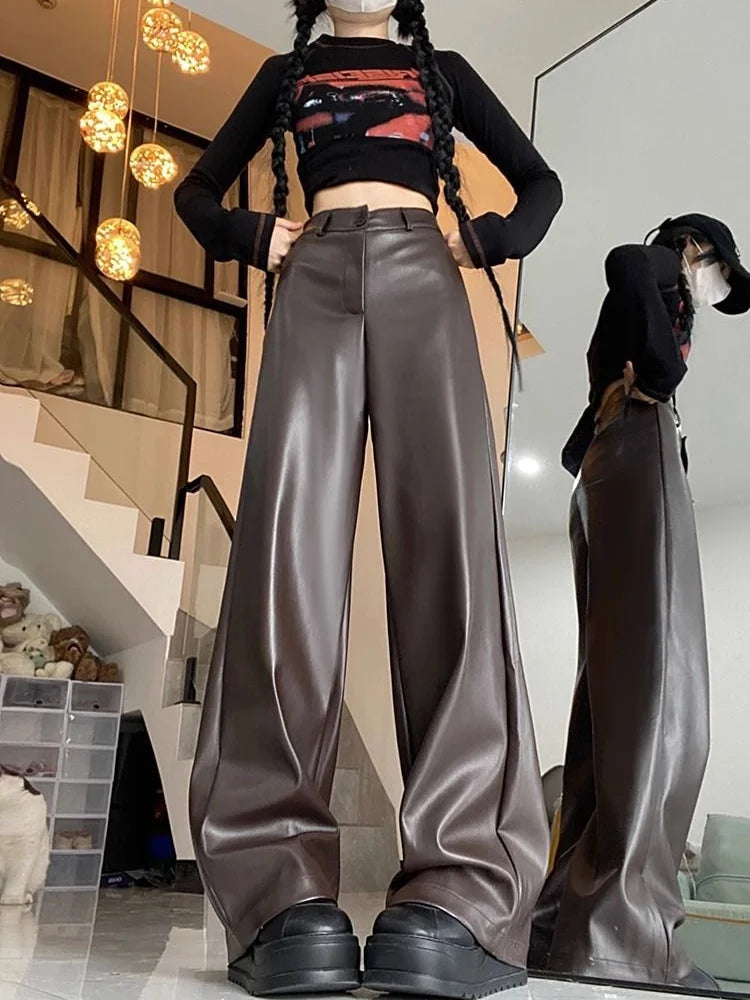 Aiertu PU Leather Straight Pant Black Women Autumn Wide Leg Leather Baggy Pants High Waist Casual Streetwear Loose Trousers Aiertu