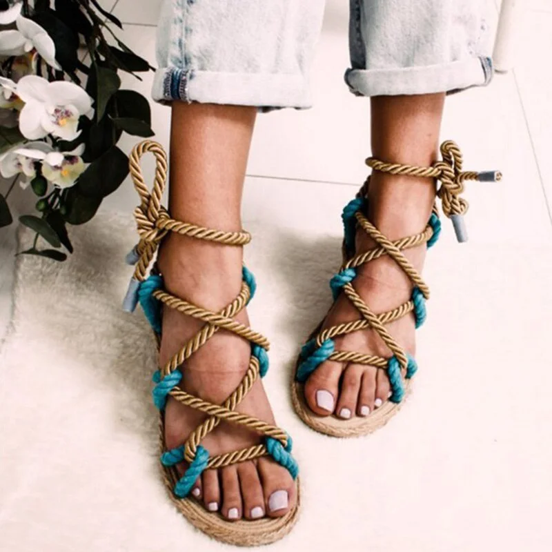 Women Shoes Colorful Sandals Women Ankle Cross Strap Flat Beach Gladiator Ladies Sandals Retro Breathable Lace-Up Zapatos Mujer