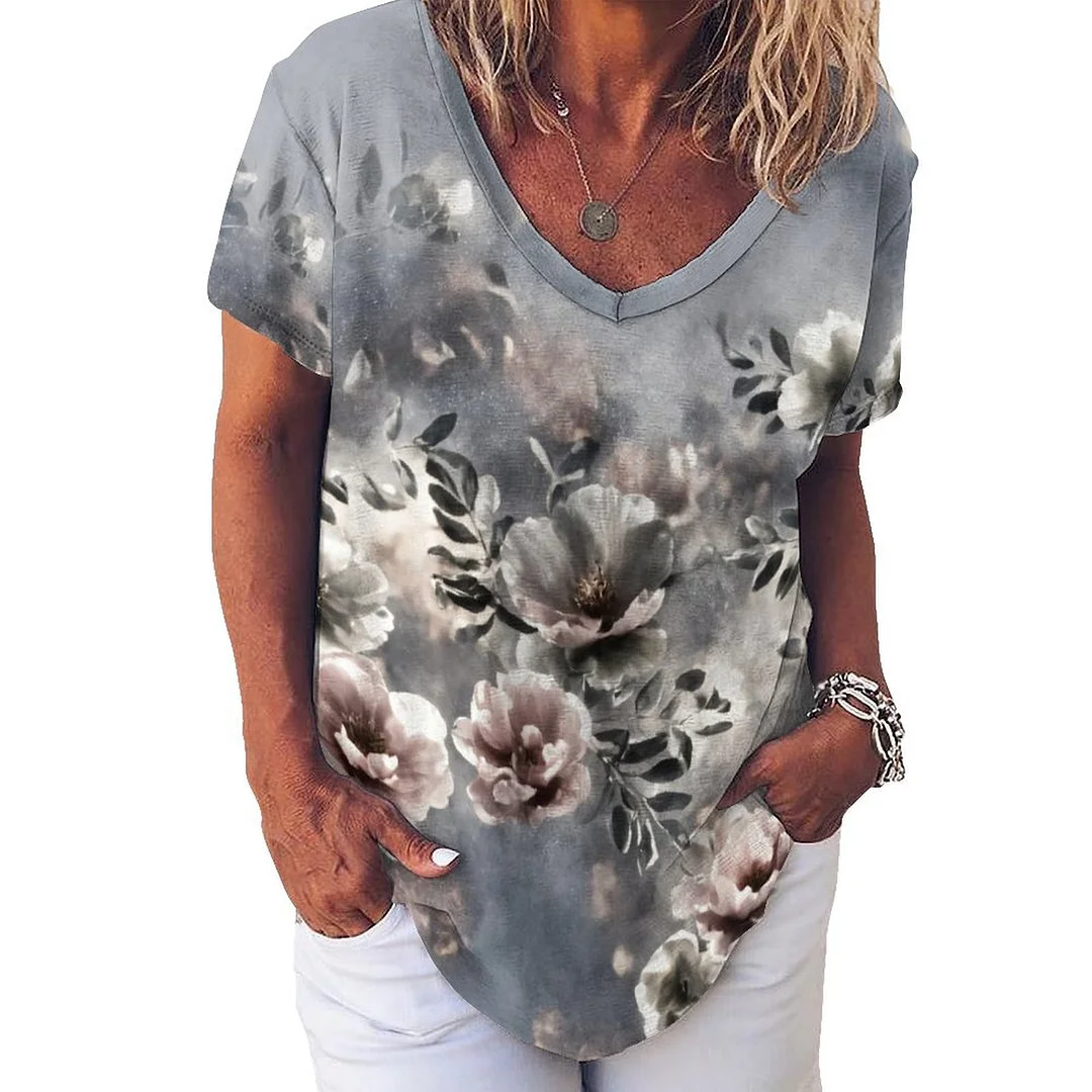 V-neck Short Sleeve Casual T-shirt for  Women Printed with Pattern Floral, Gray