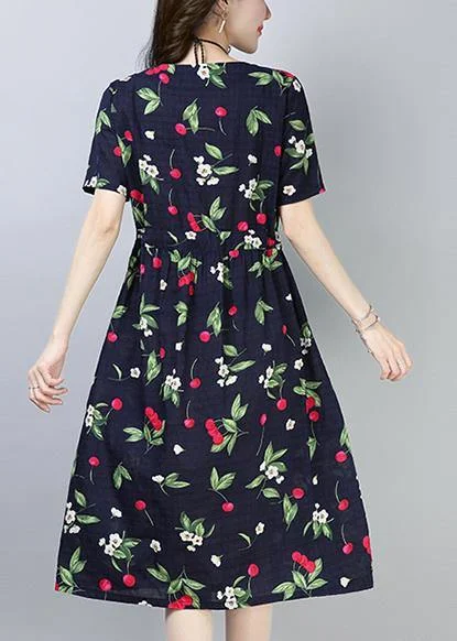 Loose navy prints cotton linen tunic dress drawstring loose summer Dress