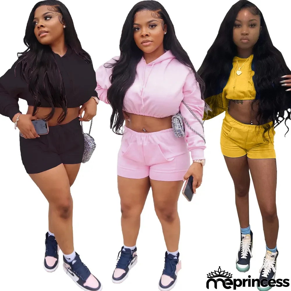 Solid Hooded Crop Top And Shorts 2 Piece Sets