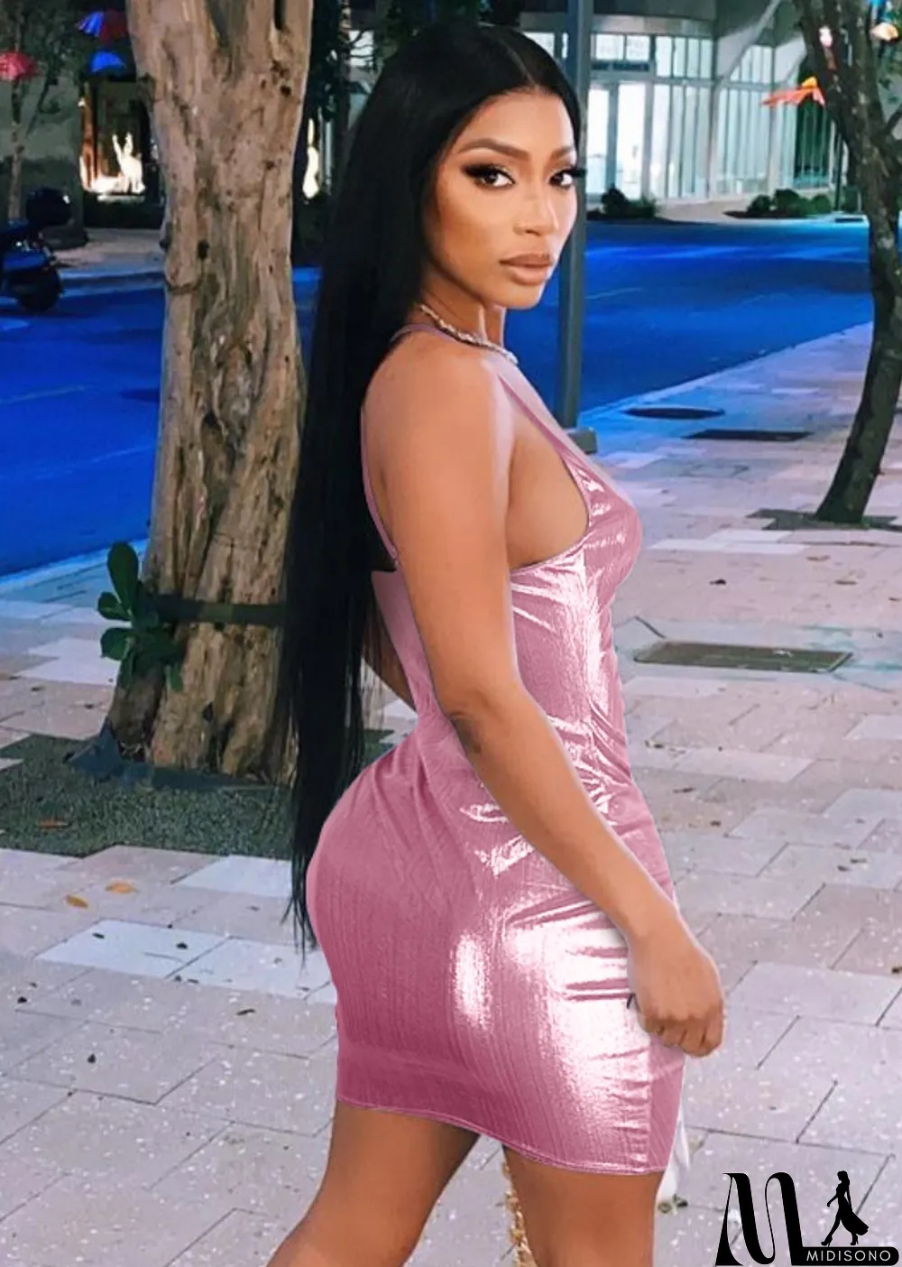 MidiSono - Summer Metallic Sexy Ruched Strings Strap Mini Dress