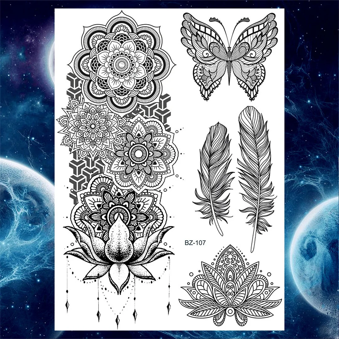 Lace Butterfly Temporary Tattoos For Women Girls Kids Tribal Black Henna Tattoo Sticker Mandala Flower Fake Jewelry Tatoos Adult