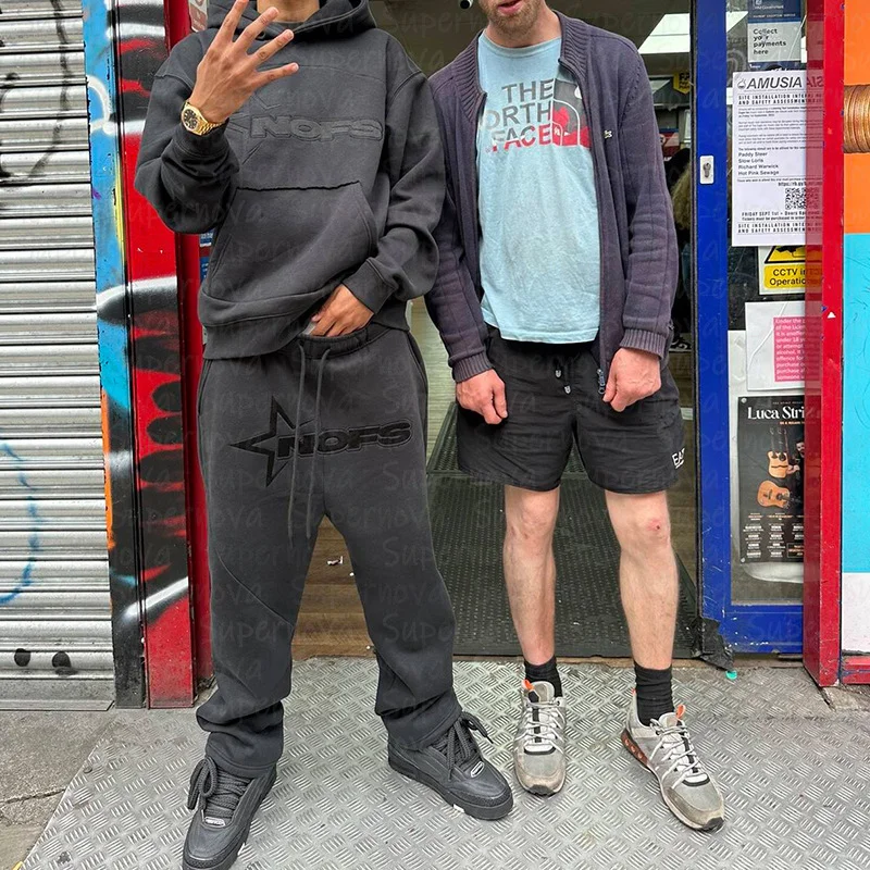 Uveng Uveng Vintage Popular Logo Letter Print Loose Hoodie Y2K Hip Hop Street Dress Men And Women's Jumper Casual Top