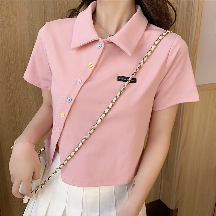 Uveng Uveng Cotton 2024 Summer New Polo Shirt Short-Sleeved T-Shirt Female Slim High Waist Lapel Short Style Student Jacket Tide