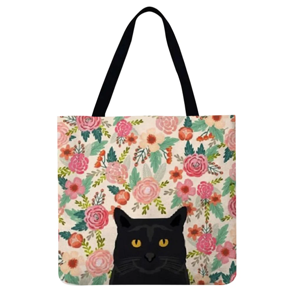 Linen Tote Bag-Flowers black cat