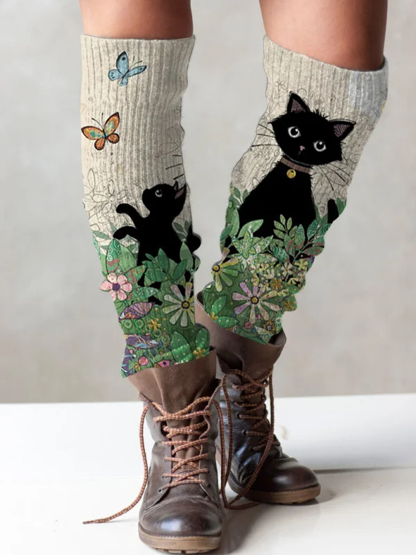 Retro cat casual print knit boot cuffs leg warmers