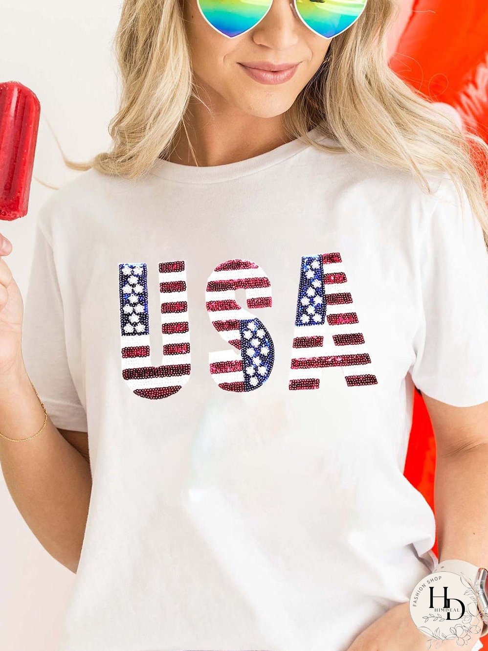 USA Flag Sequin Embellished White Round Neck Tee