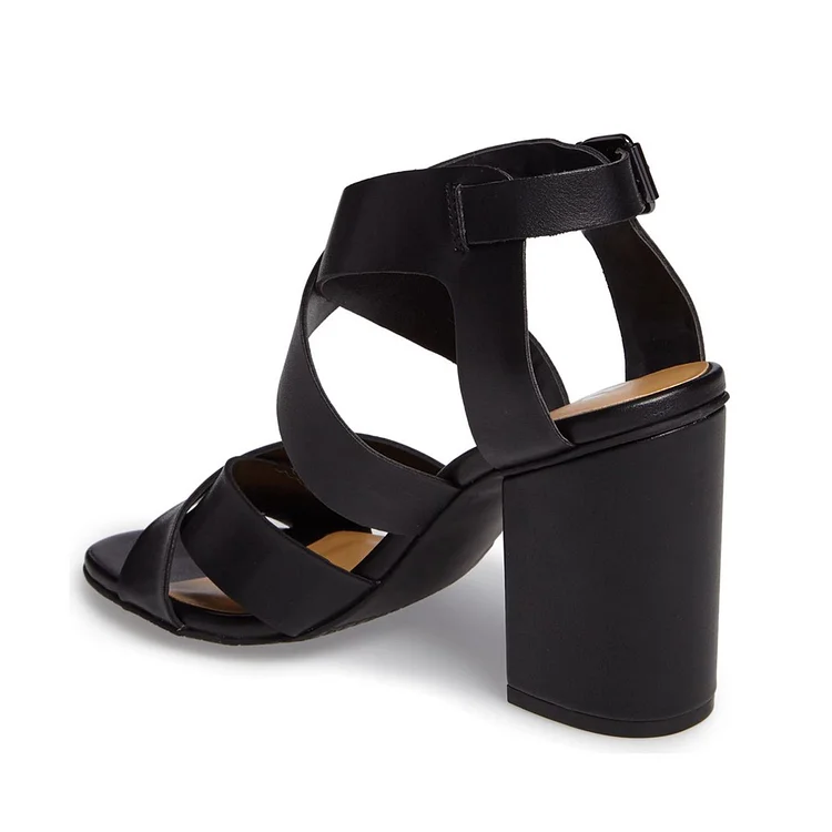 Black Open-Toe Block Heel Summer Sandals with Cross-Over Straps. Vdcoo