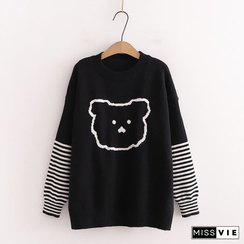 Cartoon Bear Pattern Stripe Sleeve Knit Sweater
