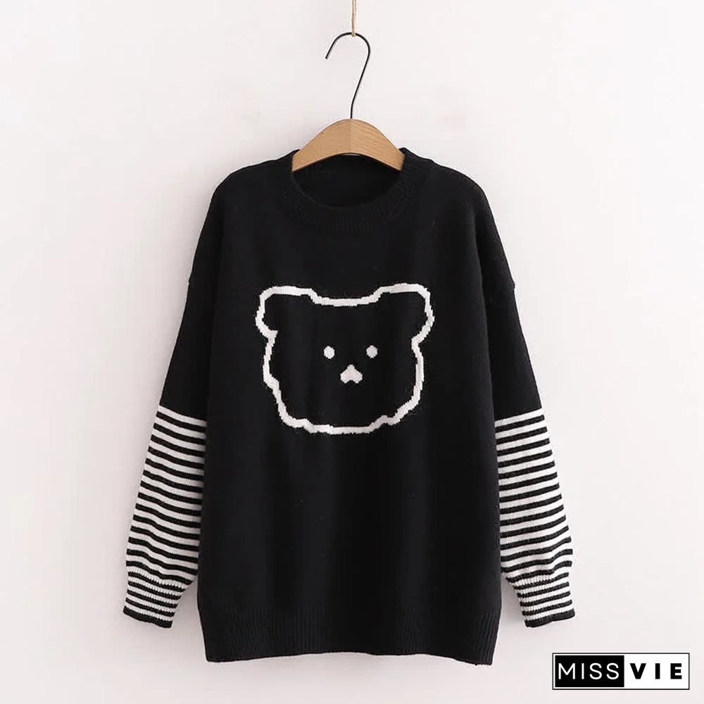 Cartoon Bear Pattern Stripe Sleeve Knit Sweater