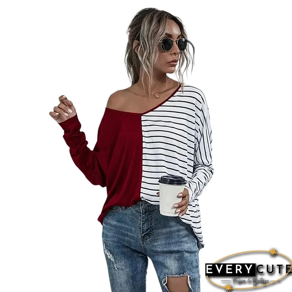 Red Stripe Contrast Long Sleeve Tops