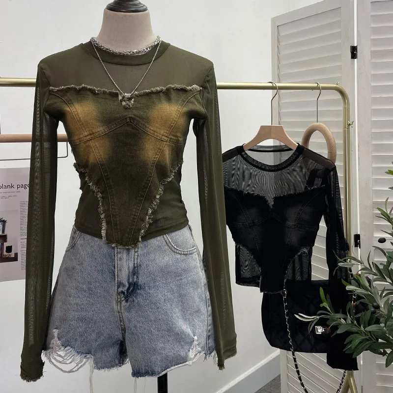 Uveng Real Shooting Hottie Water Wash Side Of The Cowboy Splicing Mesh Yarn Long Sleeve Blouse Short High-Waisted T-Shirt 1366