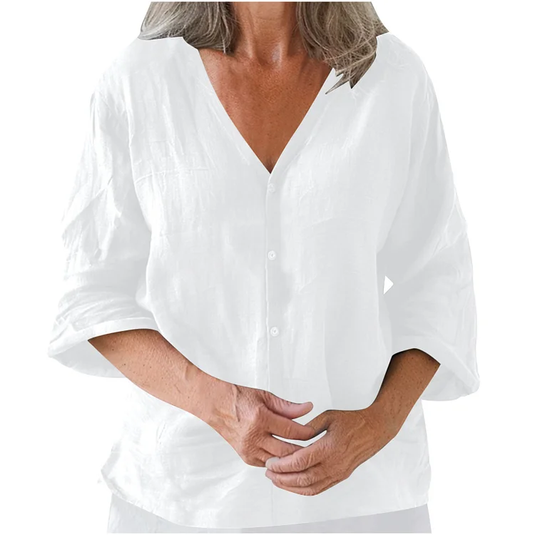 Women's 2024 Cotton Linen Blouse V-Neck Mid Sleeve Solid Shirts